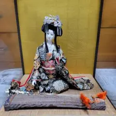 陶器製 日本人形 黒い着物 琴付 ガラスケース付
