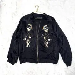 ZARA WOMAN 刺繍 ブルゾン花柄ブラックLサイズ美品MA-1ジャケット