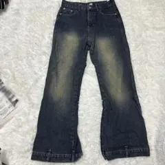 ダークブルー ストレートデニム フリンジ裾