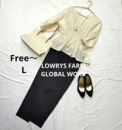 コーデ売り L 光沢ブラウス GLOBAL WORKパンツ オフィスカジュアル夏