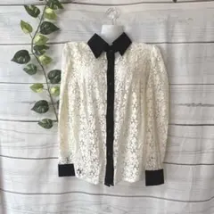 アイボリー ブラック 襟 レースシャツ　M 花柄