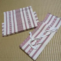 博多織　作り帯 付け帯 赤系 幾何学模様のサムネイル