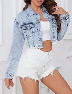 SHEIN デニムジャケット クロップド丈 ケミカルウォッシュ