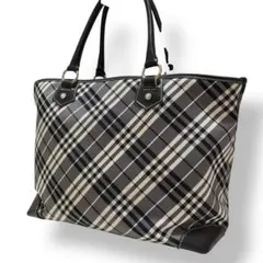 バーバリーブルーレーベル　トートバッグ　ノバチェック　レザー　キャンバス　グレー