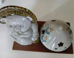 岐阜県高田焼　狸 蚊取り線香入れ&一輪挿し陶器 置物のサムネイル