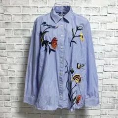 【TALBOTS】タルボット　ストライプ　花柄刺繍　長袖　シャツ　Lのサムネイル