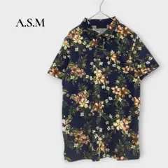 アトリエサブメン ポロシャツ 半袖 花柄 総柄 コットン100% M ネイビーのサムネイル
