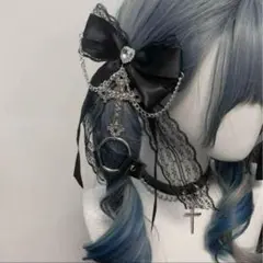 ゴシック風十字架付きリボンヘッドドレス 黒×シルバー系 サブカル地雷系