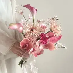 ウェディングブーケ　ピンク　ピーチ　胡蝶蘭　ガーベラ　アンスリウム　造花　春婚