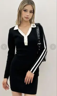 ブラック ポロ襟 ストライプ ワンピース