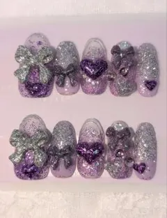 ハンドメイドパープル グリッター ネイルチップ