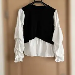 黒白バルーンスリーブクロップシャツ