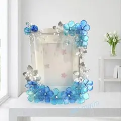 ♡ブルーフラワフォトフレーム♡ ディップフラワーアメリカンフラワーディップアートのサムネイル