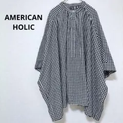 アメリカンホリック ギンガムチェック バンドカラー ポンチョシャツ 五分袖
