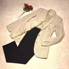 セットアップ パンツスーツ リネン麻ジャケット　ネイビーパンツ L相当