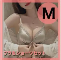 グレージュ M フロントホック ノンワイヤーブラ & ショーツセット