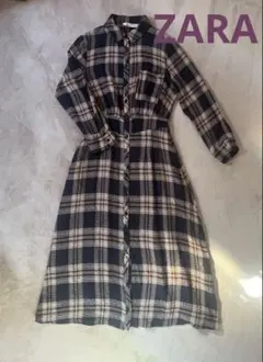 ZARAネイビー チェック柄 シャツワンピース ロング丈　Sサイズ