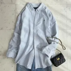 美品 ポロラルフローレン コットン オックスフォード ストライプシャツ ブルーL
