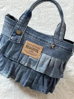 ︎✿2段フリル︎‪✿デニムリメイクトートバッグ✿.*・