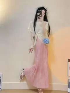 ピンク プリーツスカート セットアップ トップス ツイスト パステルカラー