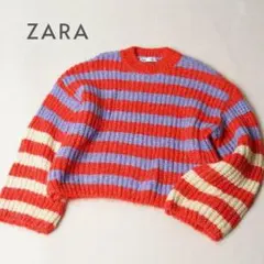 ザラZARA ワッフルニット風 ストライプ ビビッド レッド/パープル