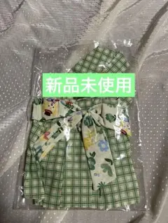 犬服 緑と白のチェック柄 花柄リボン付き　サイズM