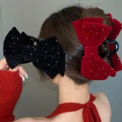 ヘアクリップ 黒 リボン バンスクリップ 大きめ クリップ ベロア