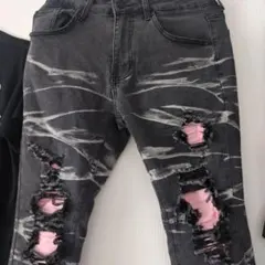 メンズ スキニーデニム ダメージ加工 ピンク裏地