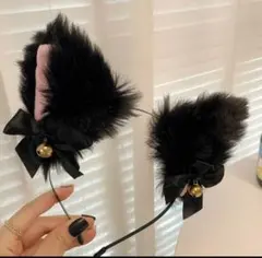猫耳　カチューシャ　リボンと鈴付き ブラック