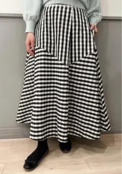 ほぼ新品 組曲 洗える ハイカウントタフタ フレア スカート ギンガムチェック
