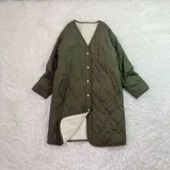自由区 キルティング ロングコート L ノーカラー オリーブ ゆったり 