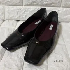 EVOL Vカット スクエアパンプス 黒 24cm フラット ローヒール