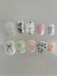 No.19 リボンネイル 韓国 ニュアンス y2k ドット 落書きネイル 個性派