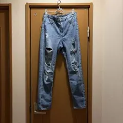 ダメージ加工 ライトブルー デニムパンツ