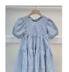 ワンピース　蝶々　ブルー　リボン　フレア　女の子　子供服　韓国　半袖　新品未使用