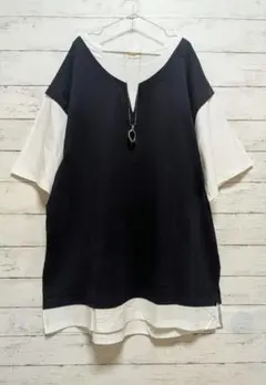 ネイビー 重ね着風 チュニック Tシャツ ぽっちゃり 大きいサイズ 4L