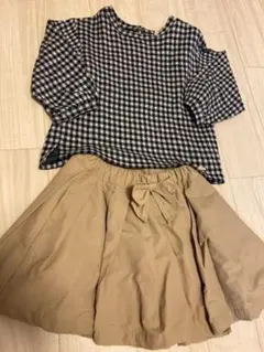 プティマイン*リボン付タックギャザーフレアスカート*ベージュ*100-110