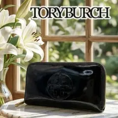 美品✨トリーバーチ 長財布 ラウンドファスナー エナメル アマンダ デカロゴ 黒