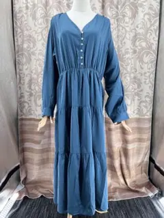 最安値！シフォンロングワンピース　インディゴブルー　大きいサイズNo.594のサムネイル