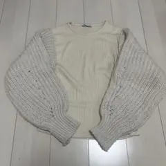 送料込！ZARA リブカットソー×ざっくりニット　切り替えデザイントップス　M