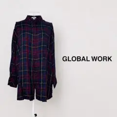 GLOBAL WORK チェック柄 ロングシャツ ネイビー×ボルドー Lのサムネイル