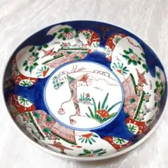 大正 昭和 ヴィンテージ食器 藍色と赤絵が美しい大皿 染付　大鉢　骨董　古道具