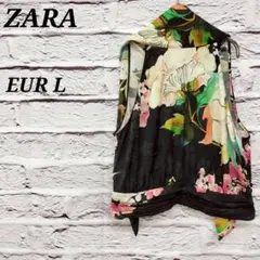 ザラ✩EUR L フラワープリントホルターネックトップス ノースリーブ 釦 黒
