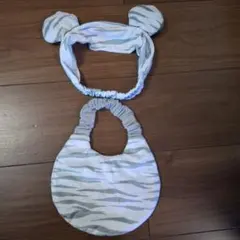 耳付きグレー白ストライプスタイ・ヘアバンドセット