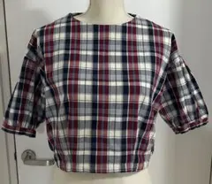 RETRO GIRL チェック柄 半袖ブラウス ボリューム袖 バックジップ