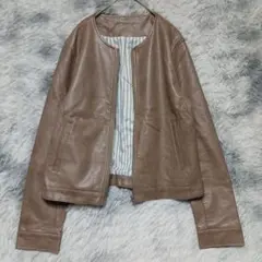 合成皮革　ブラウンレザー風ジャケット　スタイリッシュ　M