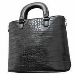 未使用級✨ MARY QUANT ハンドバッグ　クロコ型押し　ブラック　レザー