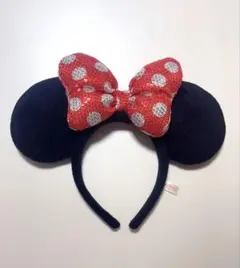 ミッキー耳カチューシャ 赤い水玉リボン　スパンコール