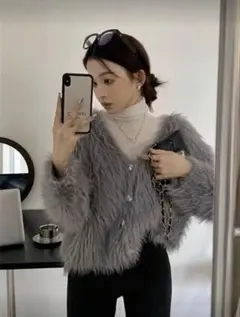 SHEIN ファーカーディガン グレー