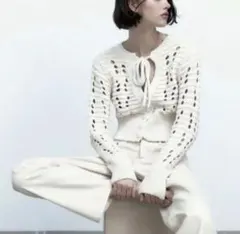 ZARAリボン オープン ニット カーディガン　Lサイズ